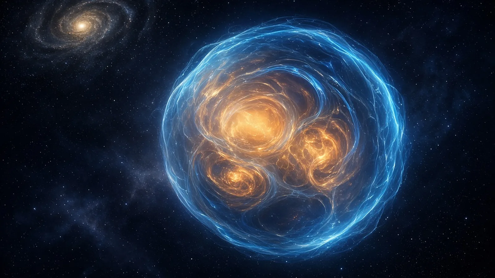 Una membrana luminosa con un adentro, a escala cósmica: dentro de la esfera azul giran remolinos de luz naranja, y al fondo hay una galaxia